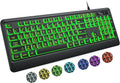Large Print Keyboard - 7 Interchangeable Backlight Colors, Light Up USB Wired Computer Keyboards, USB Plug-and-Play, Foldable Stands, Corded Full Size Keyboard for Windows, PC, Laptop