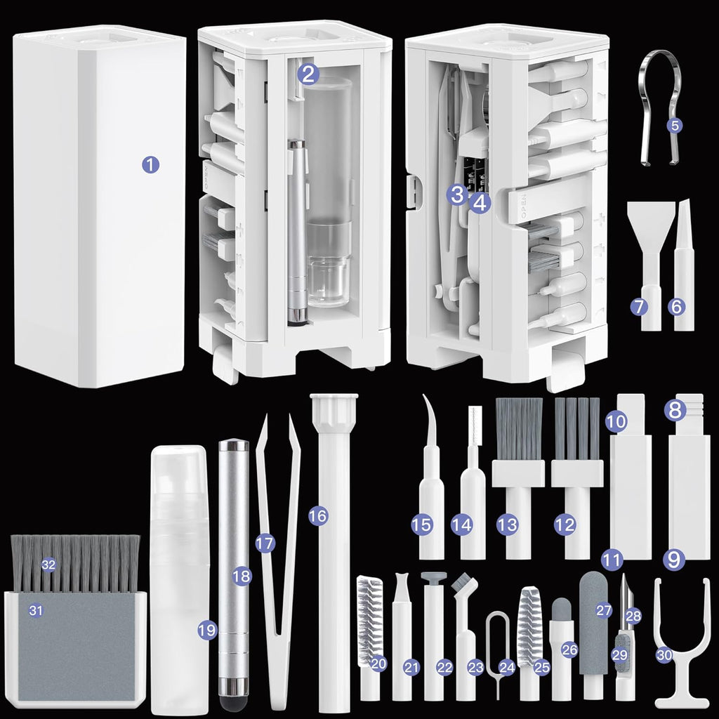 Cleaning Kit for Phone Headphone 32 in 1 Multi-Functional Electronics Cleaning Kits for Cell Phones, Computer, Monitor, Earbuds, Laptop, Camera, Lens Portable White Cleaning Kit Tool