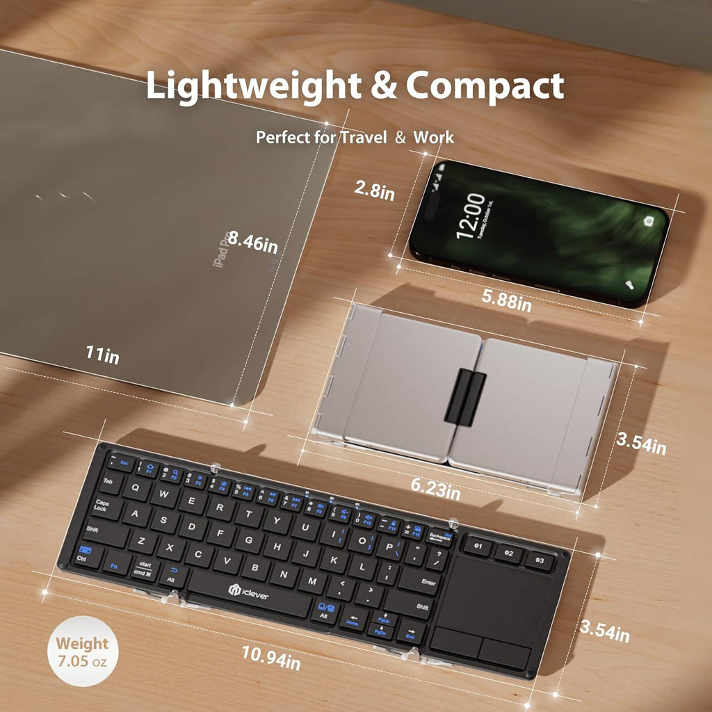 iClever Foldable Keyboard, BK08 Foldable Bluetooth Keyboard with Touchpad, Aluminum Build, USB-C Charge, Equipped with Stand Holder and Carrying Bag, Portable for Laptop, iPad, iPhone, Silver
