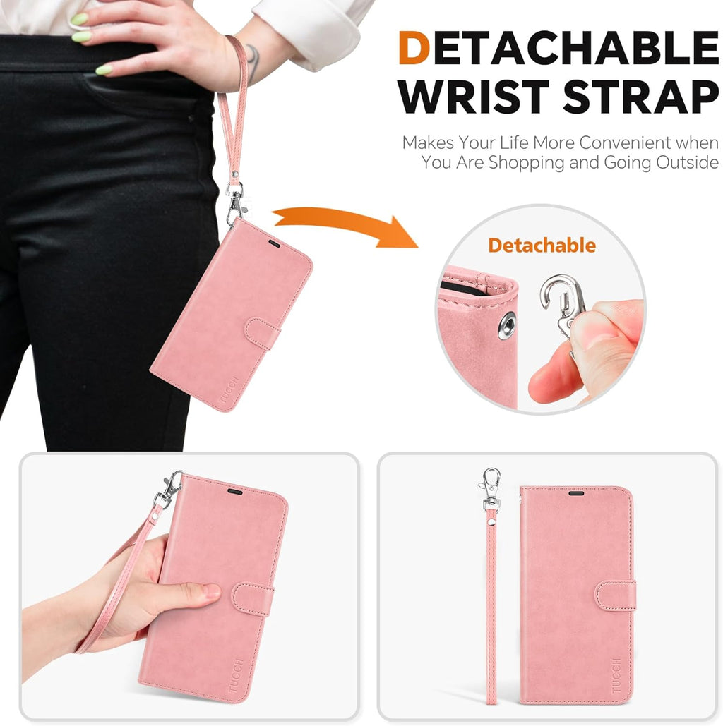 TUCCH Case for Galaxy S25, [Detachable] 2 in 1 Wrist Strap Magnetic PU Leather Wallet Case with RFID Blocking [Wireless Charging] 4 Card Slot Stand Removable Shockproof Cover for Galaxy S25, Rose Gold