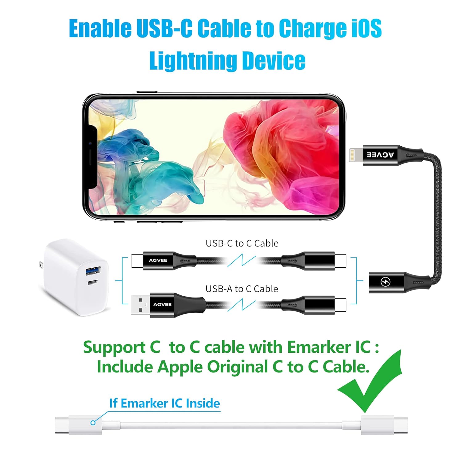 AGVEE 4 inch USB-C Female to Lightning Male Adapter, 30W Fast Charging Charger Converter for iPhone 14 13 12 11 Airpods iOS Device Carplay, Not for Audio, Black