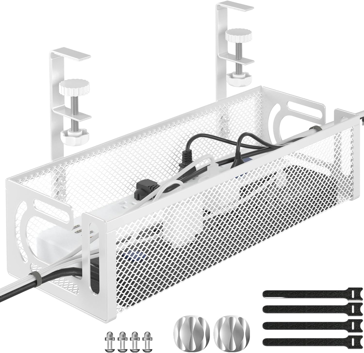 Under Desk Cable Management Tray, 15.7'' No Drill Steel Desk Cable Organizers, Wire Management Tray Cable Management Rack (1 Pack-White)