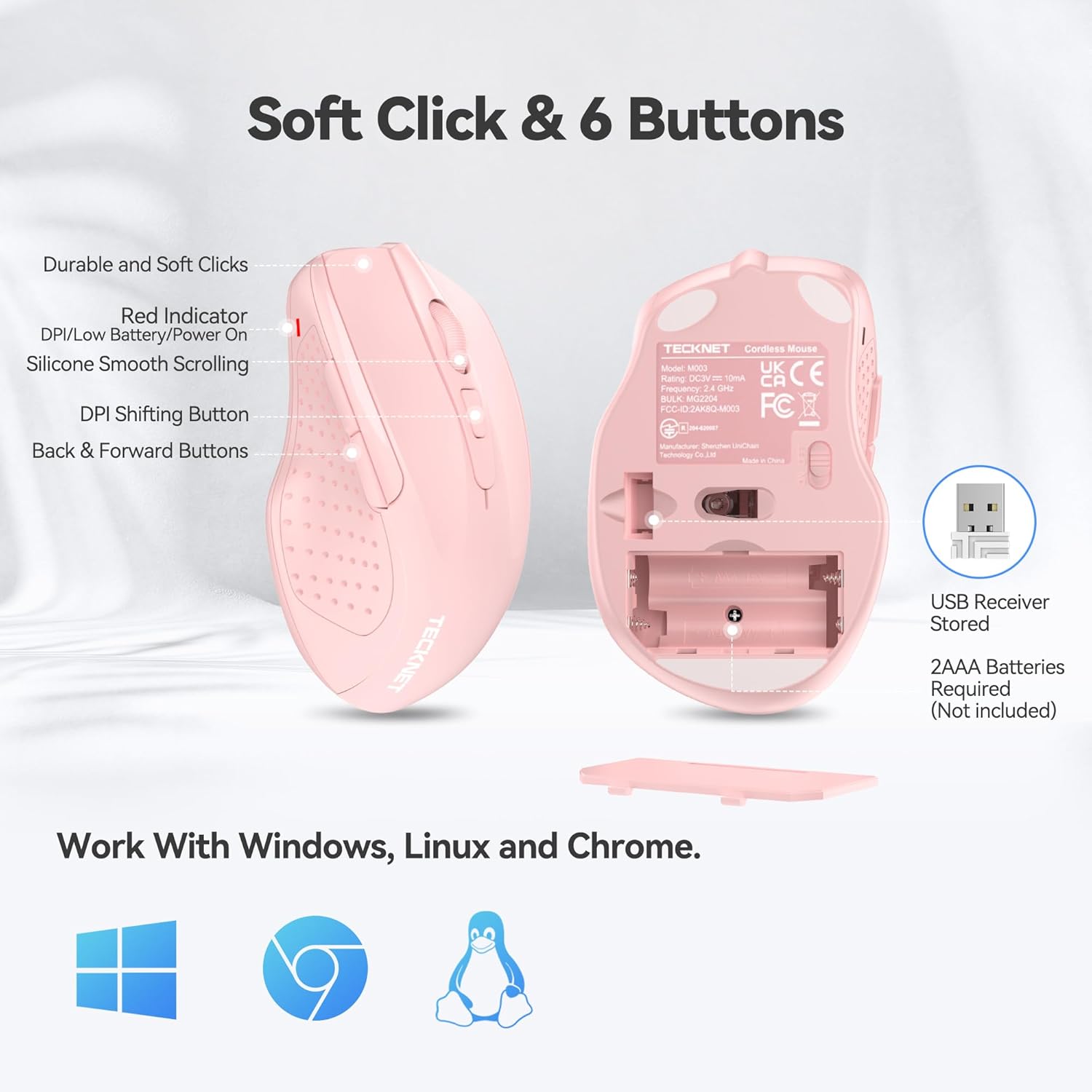 TECKNET Wireless Mouse, 2.4G Ergonomic Optical Mouse, Computer Mouse for Laptop, PC, Computer, Chromebook, Notebook, 6 Buttons, 24 Months Battery Life, 4000 DPI, 6 Adjustment Levels