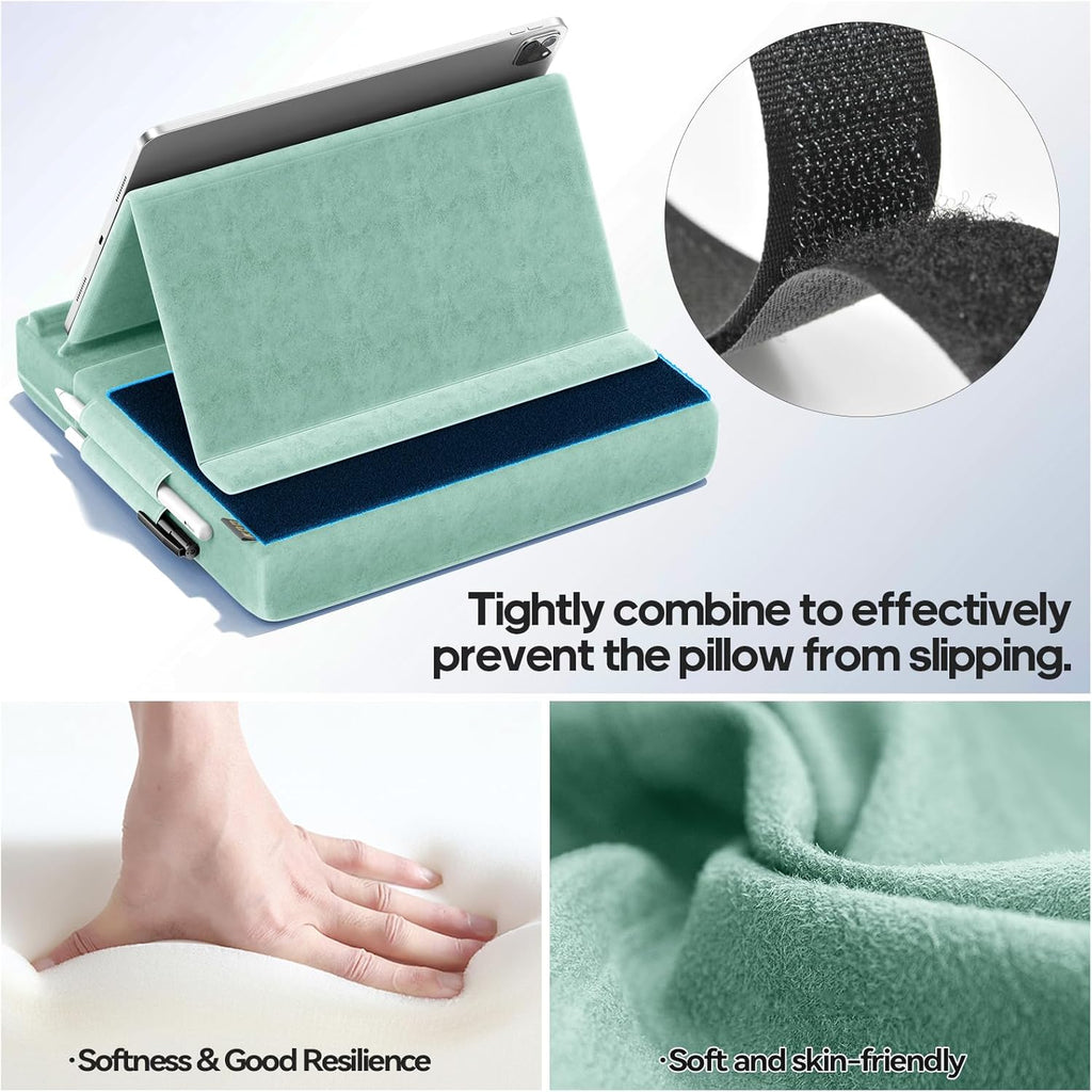 KDD Tablet Pillow Stand, Multi-Angle Viewing Ipad Holder for Lap, Bed and Desk, Foldable Soft Pad Dock with Stylus Mount Compatible with Ipad Pro 12.9, 10.5, 11, Air, Mini, Phones, Books, E-Reader