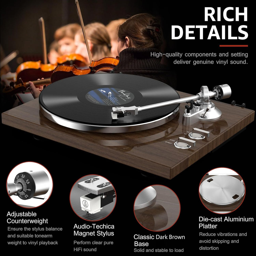 Turntable Record Player Wireless Output Vinyl Players Aluminium Platter and Tonearm Belt-Drive LP Turntables 33 45 RPM Phono Audio AT-3600L MM Cartridge RCA Line USB Digital to PC Recording Dark Brown