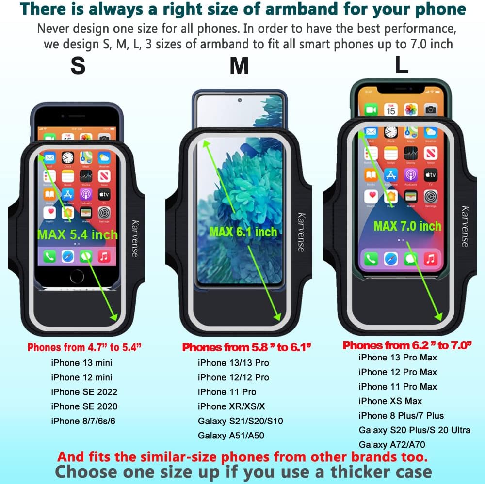 Phone Holder for Running, Karvense Phone Arm Bands for Running Exercise Workout Jogging, for iPhone 13 mini/12 mini/11 Pro/SE/XS/8/7, Samsung Galaxy, Moto, Cell Phones up to 5.4'', Sweat-Proof Armband