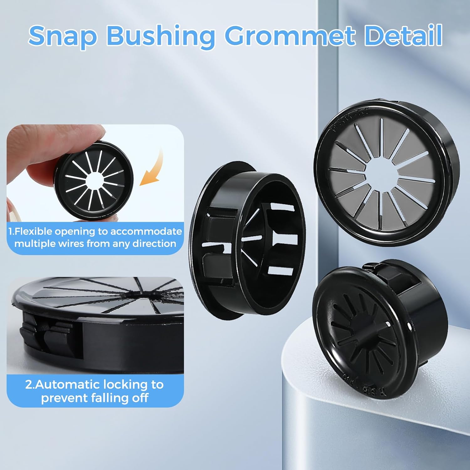 4 Pcs Cable Grommet, Snap Bushing 4" (100 mm) Mounting Diameter, Flexible Petal-Shaped Buckle Round Nylon Desk Grommet for Wires Through Countertop Cord Organizer and Protection, Black