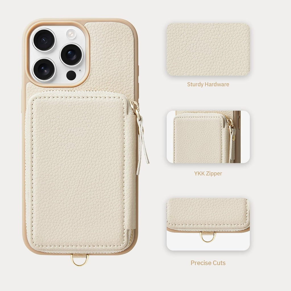 ZVE Wallet Case for iPhone 15 Pro Max, iPhone 15 Pro Max Case Wallet with Card Holder Wrist Strap, RFID Blocking Zipper Leather Cover for Women Gift for iPhone 15 Pro Max, 6.7"(2023) - Beige