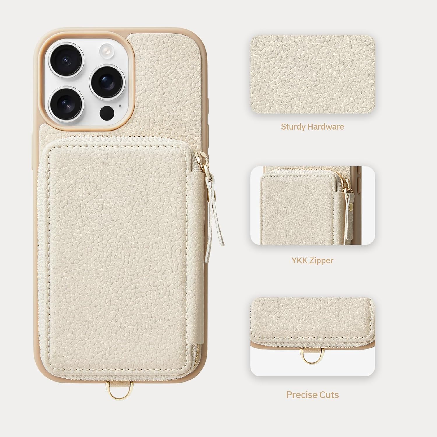 ZVE Wallet Case for iPhone 15 Pro Max, iPhone 15 Pro Max Case Wallet with Card Holder Wrist Strap, RFID Blocking Zipper Leather Cover for Women Gift for iPhone 15 Pro Max, 6.7"(2023) - Beige