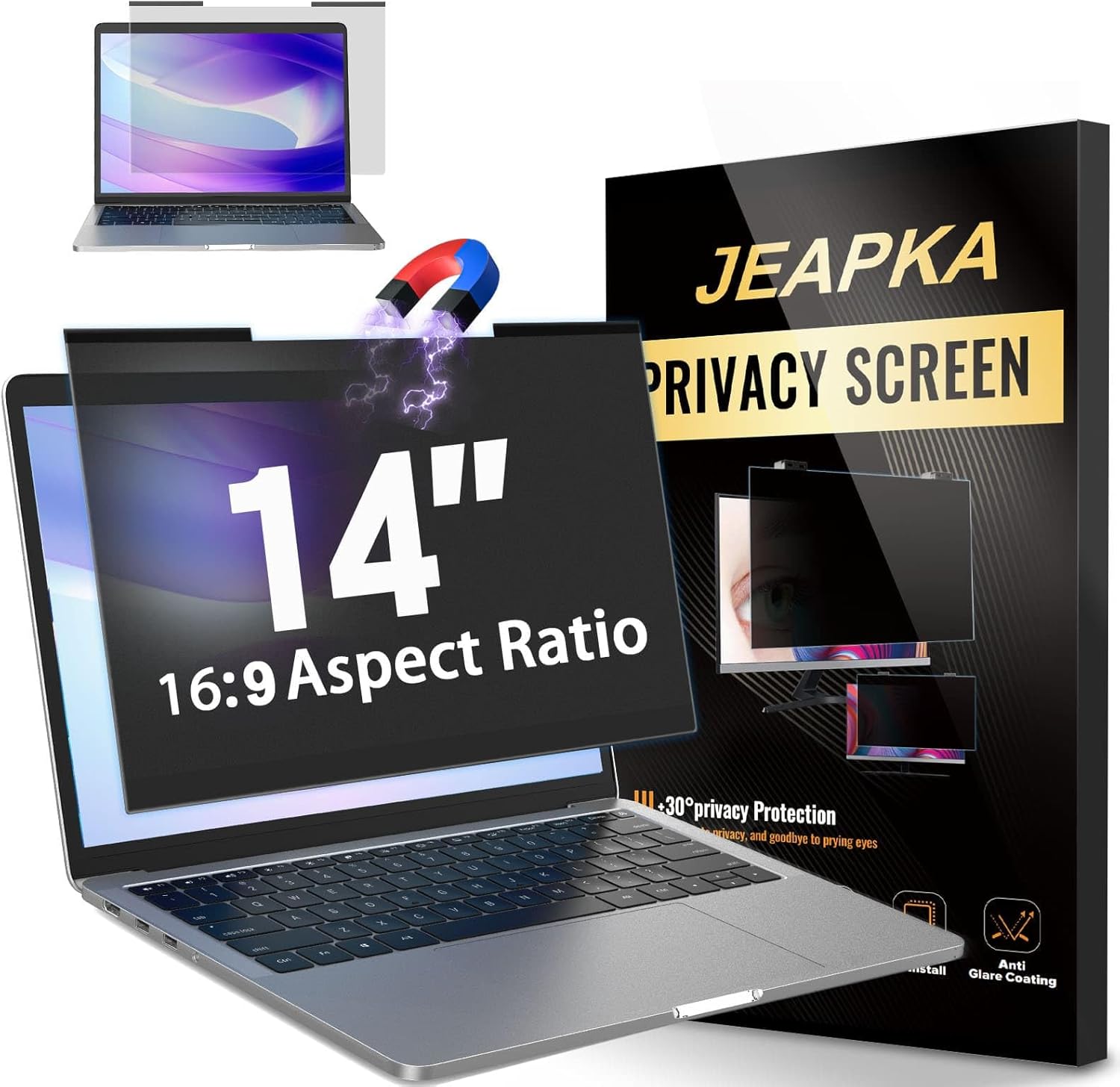 Magnetic Laptop Privacy Screen Filter 14 inch for 16:9 Widescreen Computer Monitor, Removable Anti Blue Light Privacy Shield, Anti-Glare Protector