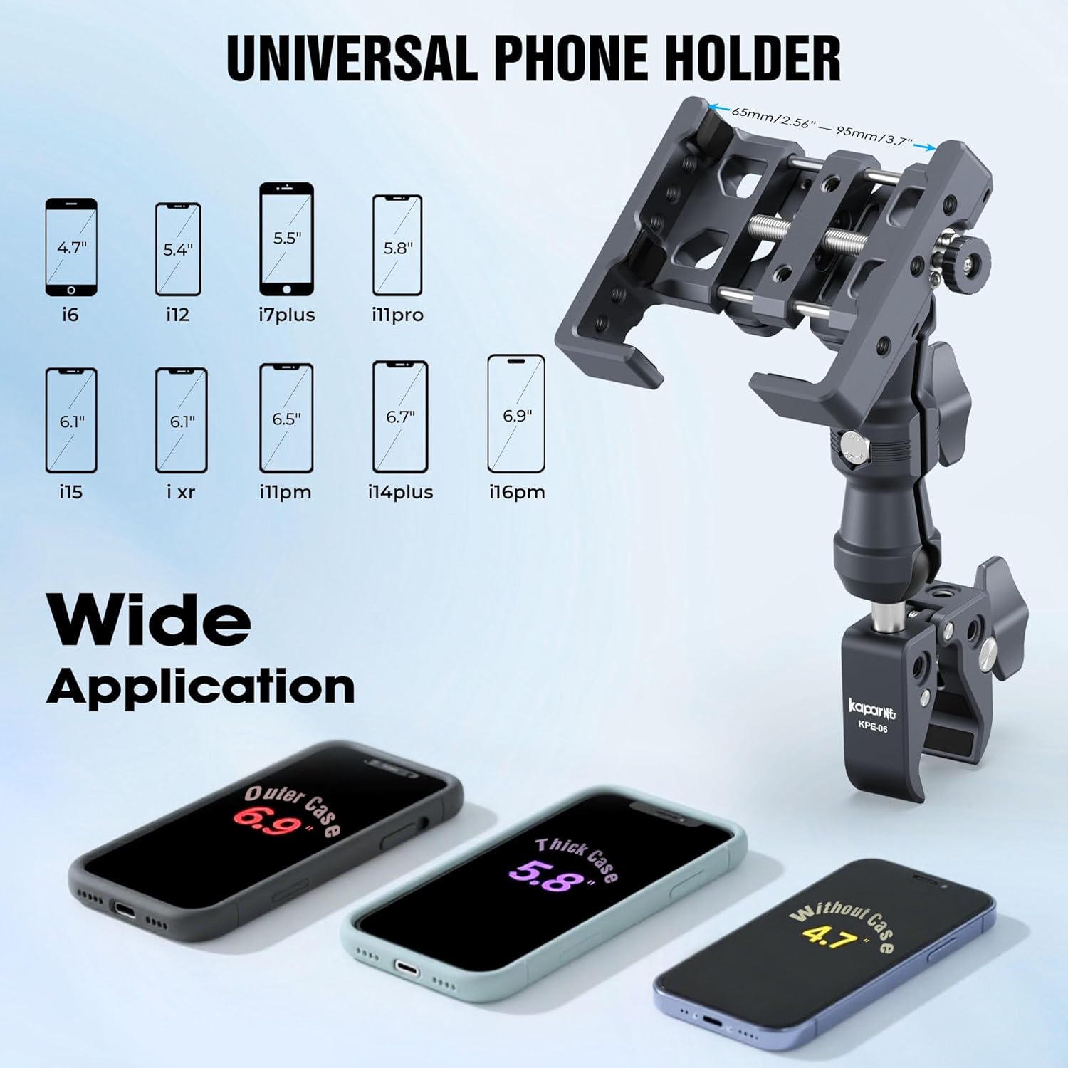 Riding Phone Holder Kit, Include Dual Socket Arm/Handlebar Strong Rod Clamp/Adjustable Phone Clip, Suitable for 5.5-7" Smartphone, Installed on 0.55-1.77" Diameter Rail Round Rod (KPS-14)