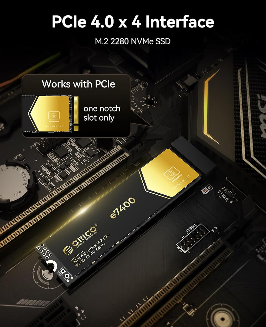 ORICO 1TB NVMe SSD PCIe 4.0- Up to 7400MB/s, M.2 2280 PCIe 4.0X4 Internal Solid State Drive, Fast Heat Dissipation, Compatible with macOS Windows for Gamers and Creators-e7400
