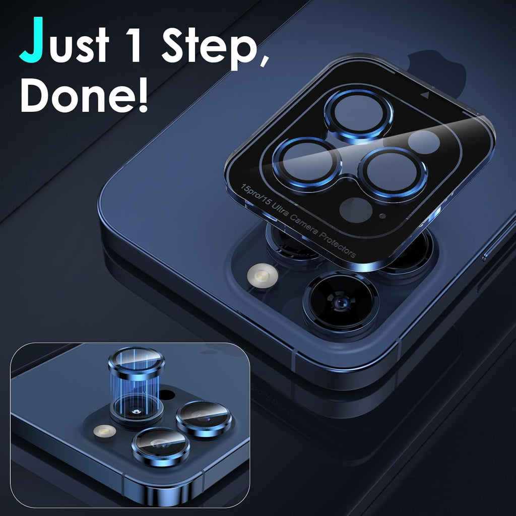 YWXTW CameraLens Protector,[1 Step Installation Tray] Tempered Glass Screen Metal Individual Cover Accessories Case Friendly (Blue Titanium) (iPhone 15 Pro/15 Pro Max)