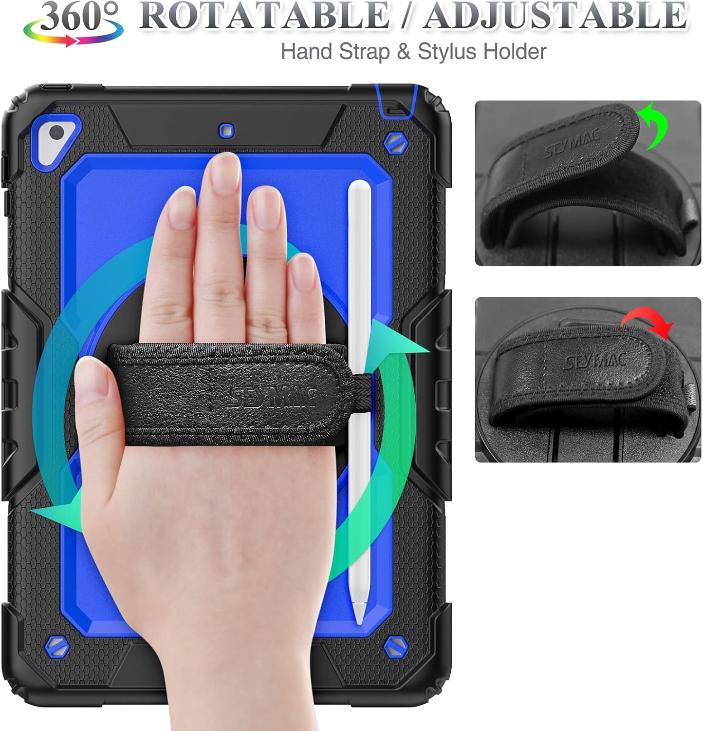 SEYMAC stock Case for iPad 6th / 5th Generation Case/Air 2 / Pro 9.7 inch, Heavy Duty Protective with Screen Protector, with Pencil Holder, Hand Strap, Shoulder Strap, 360 Rotate Stand, Blue+Black