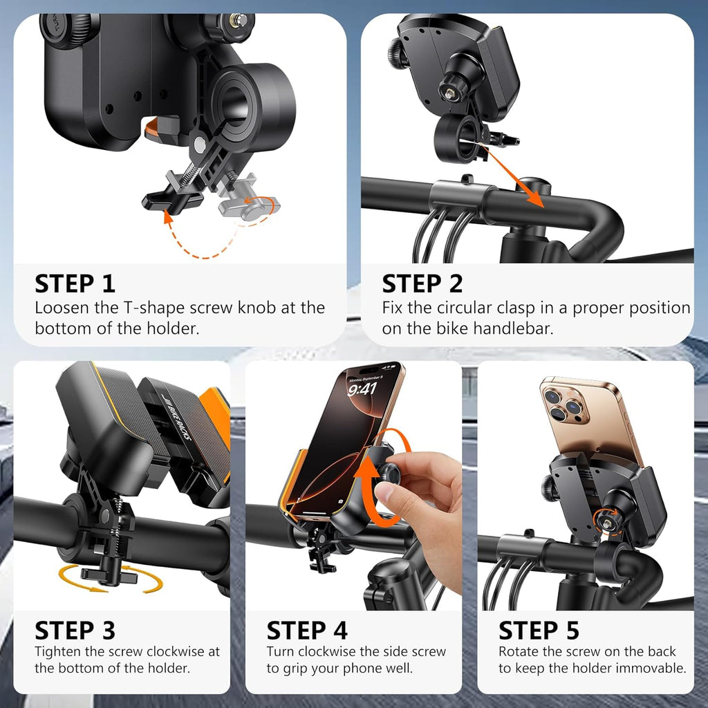 Motorcycle Bike Phone Holder - [Secure Lock & Not Block Camera] Quick Install Handlebar Mount for Bicycle Scooter, Universal Phone Clamp for iPhone 16 15 14 Pro Max, Samsung Galaxy