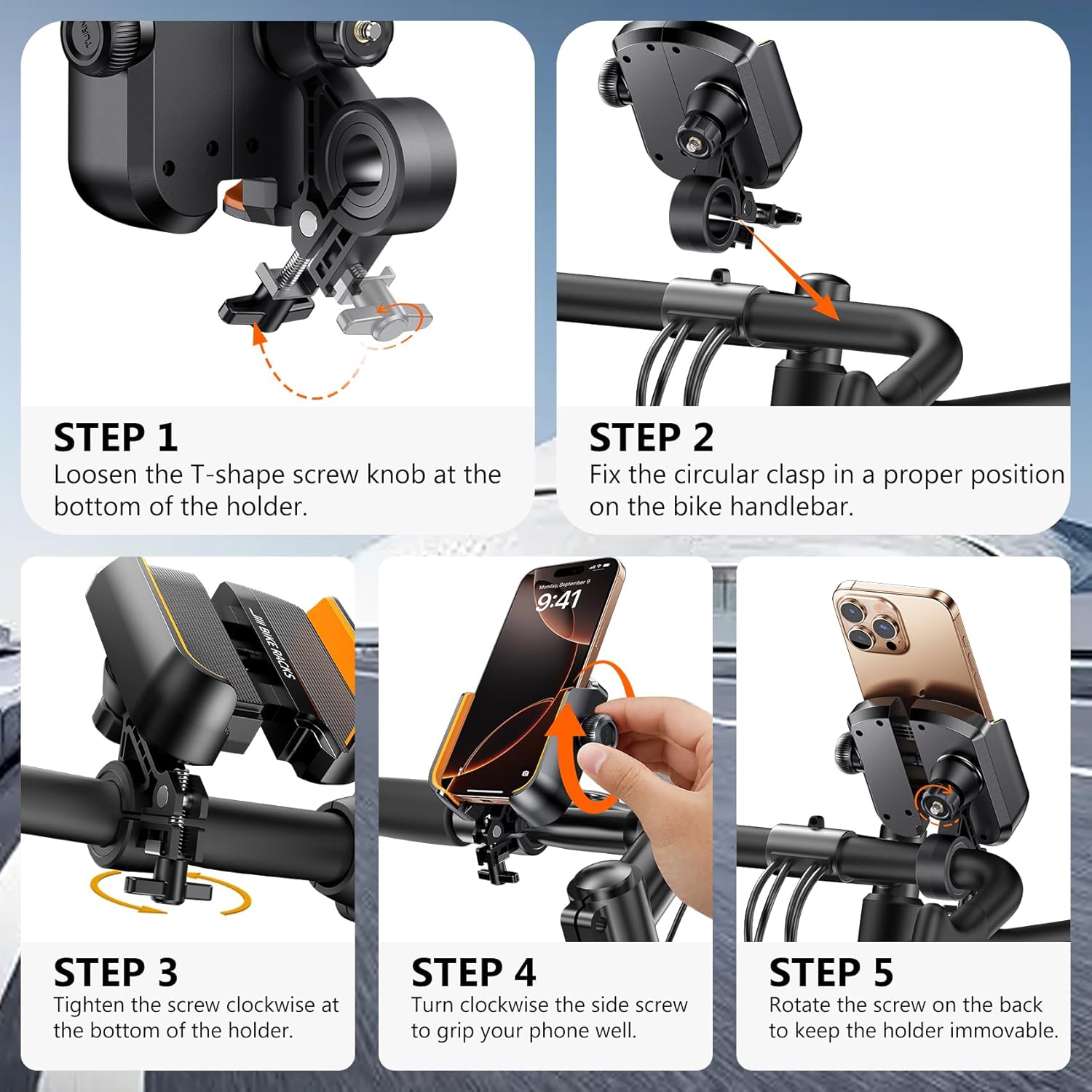 Motorcycle Bike Phone Holder - [Secure Lock & Not Block Camera] Quick Install Handlebar Mount for Bicycle Scooter, Universal Phone Clamp for iPhone 16 15 14 Pro Max, Samsung Galaxy