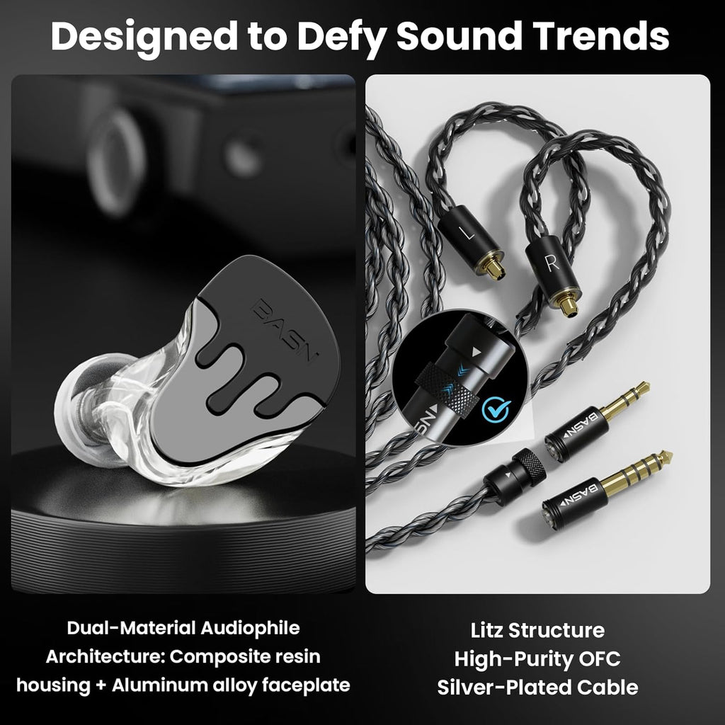 BASN BmasterX in Ear Audio Monitor, Hybrid 6 Drivers IEM Earphones with Crystal Clear Sound, Detachable Cable Plus Carrying Case & Fit Kit for Musician, Stage, Studio (3.5mm/4.4mm Jack, Black/Silver)