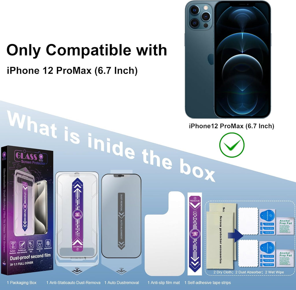 2 Pack Matte Screen Protector for iPhone 12 Pro Max 6.7-Inch Auto Dust Removal, No Bubbles, Tempered Glass Film, Easy Installation