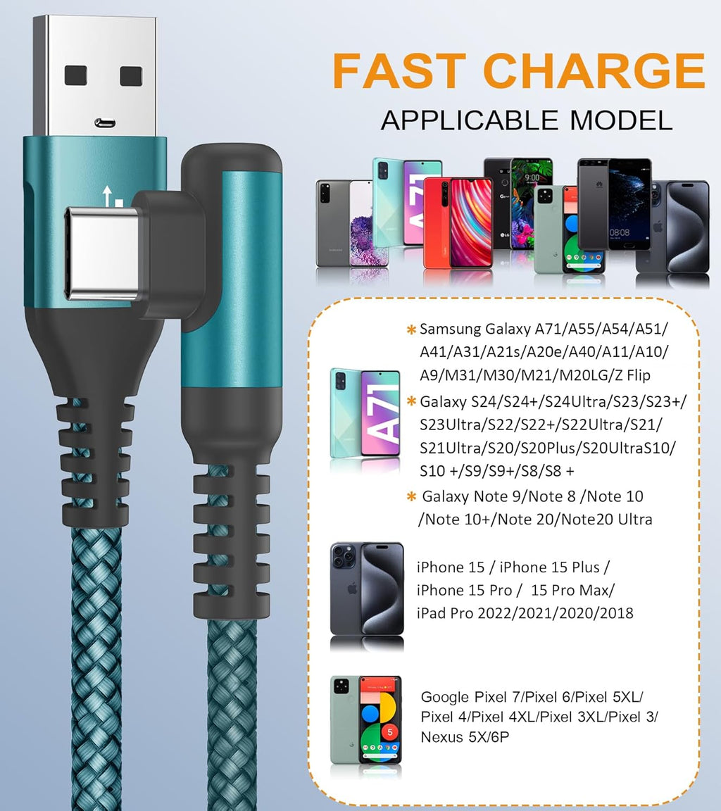 sweguard USB Type C Charger Cable Right Angle [2-Pack,3.3FT] iPhone 15 Charger Nylon Braided Cord for iPhone 16 15 Pro Max Samsung Galaxy S25 S24 S23 S22 S21 S20 S10 S9 Note A15 A55 Flip Pixel LG Moto