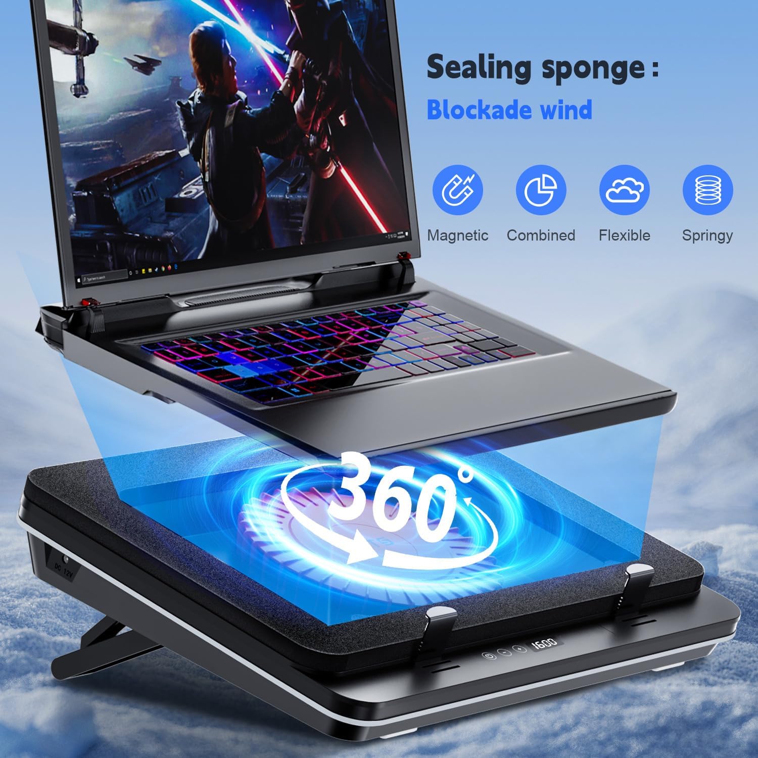 GT600 Laptop Cooling Pad Equipped Gigantic Turbo-Fan（5.5inch Diameter）,Sealed Foam for Rapid Cooling Gaming Laptop,14.1-19.3 inch Laptop Cooler with Adjustable Brackets,Dust Filter,Touch Start