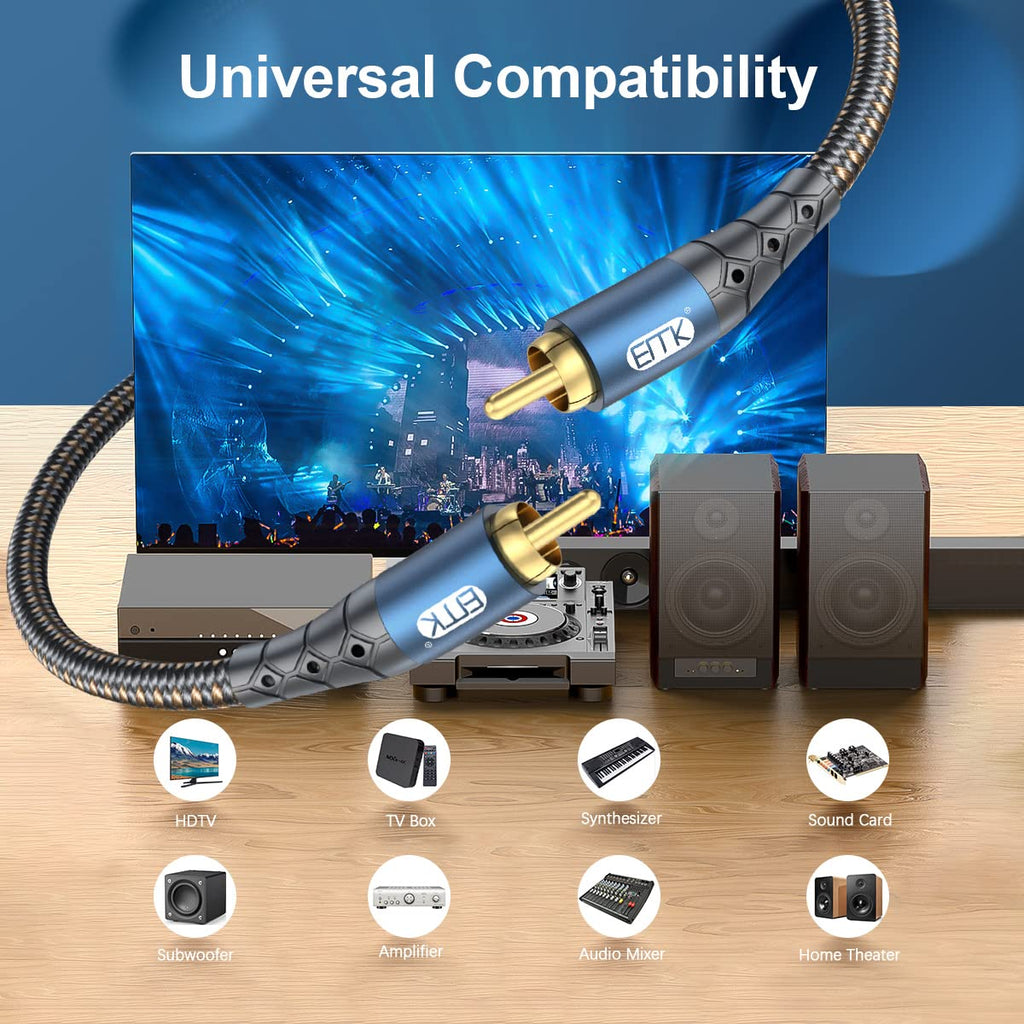 EMK Subwoofer Cable RCA to RCA Audio Cable 24K Gold-Plated Nylon Braided Double Shielded Digital Analogue Supports Amplifiers,Home Theater,Hi-Fi Systems,Subwoofer(25ft/8m)