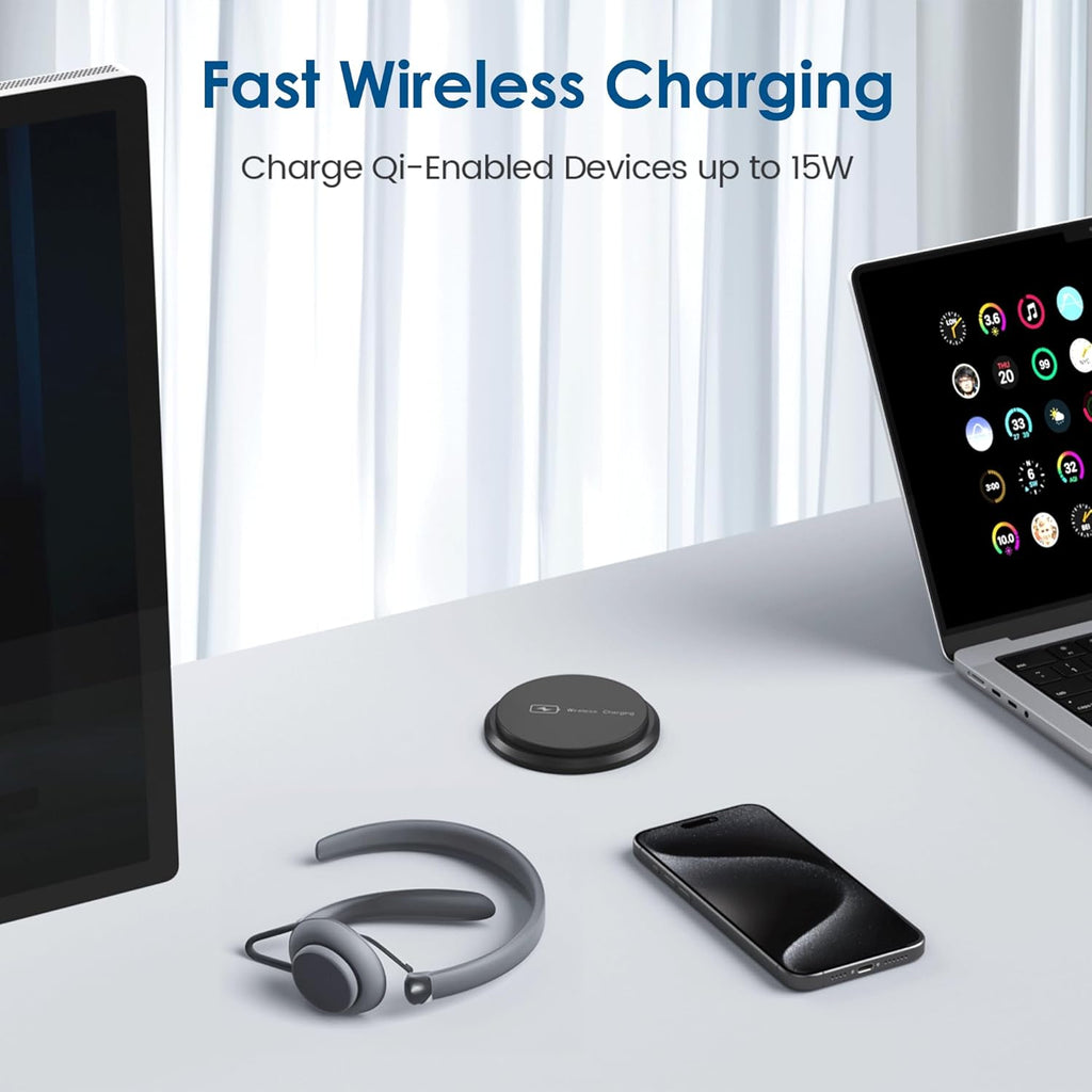 Desktop Power Grommet 3-inch Hole,15W Wireless Charger,20W USB C Fast Charging Station,2 AC Plug,Round Recessed Power Strip, Workspace Essential Desk Hole Cover for Cables Black