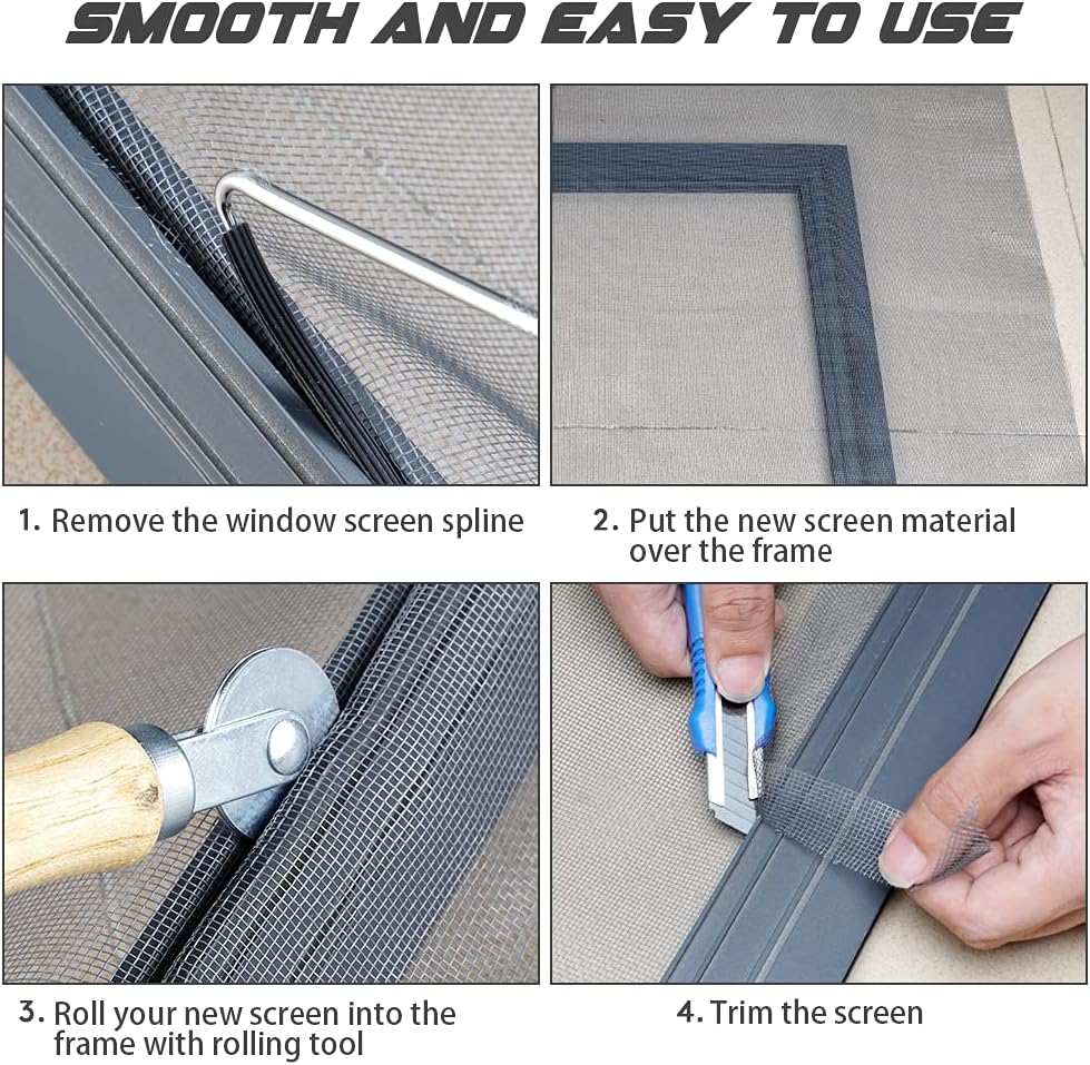 Screen Repair Kit Easy DIY Project 36" x 90" Fiberglass Screen Mesh with Rolling Tool and Screen Retainer Spline Screen Replacement kit for Windows Sliding Doors and Patio Screens (36" x 90", Black)