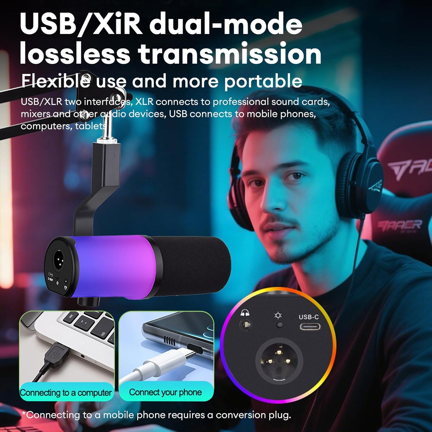 Gaming Microphone for PC, Streaming Mic with RGB Lighting, Mute & Gain Control, Boom Arm, Pop Filter, USB Condenser Gaming Mic for Podcasting, YouTube, Discord, PS4/PS5, Mac, Microfono Profesional (A)