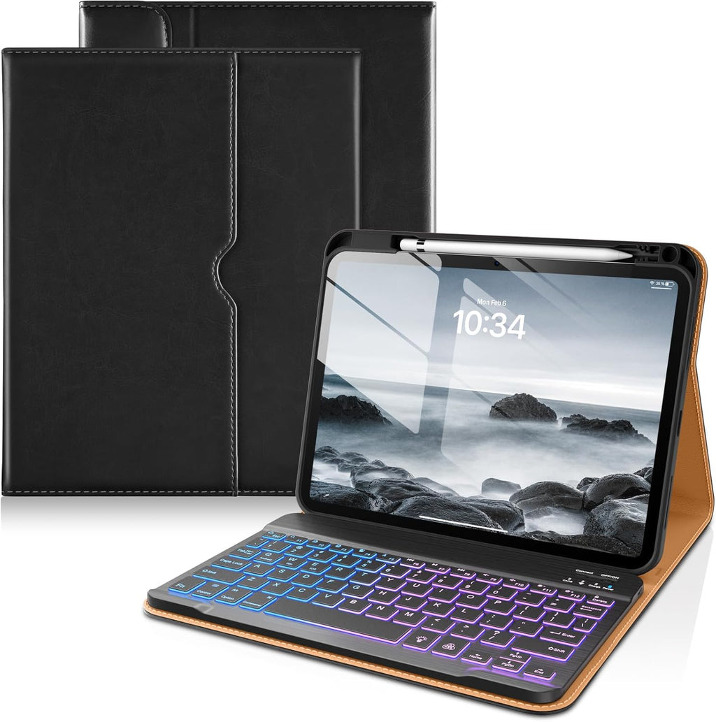 DTTO for iPad 11th (A16,2025)/ 10th Generation (10.9",2022) Case with Keyboard, 7 Colors Backlit Wireless Detachable Keyboard Premium Leather Folio Cover with Pencil Holder & Pocket, Black