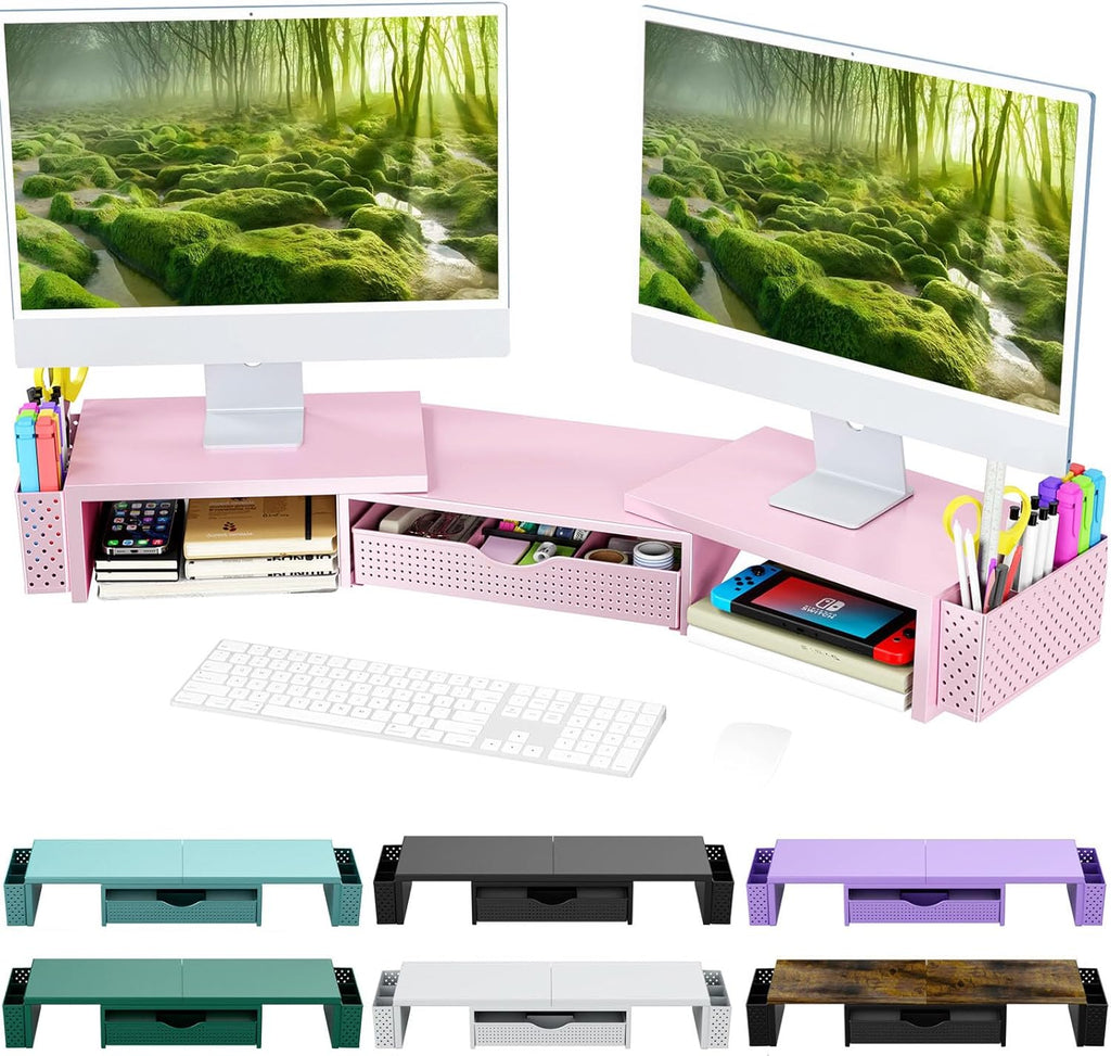 Spacrea Metal Desk Organizers and Accessories, Dual Monitor Stand Riser with Drawer and 2 Pen Holders, Desk Accessories & Workspace Desktop Organizers for Office Supplies (Pink)