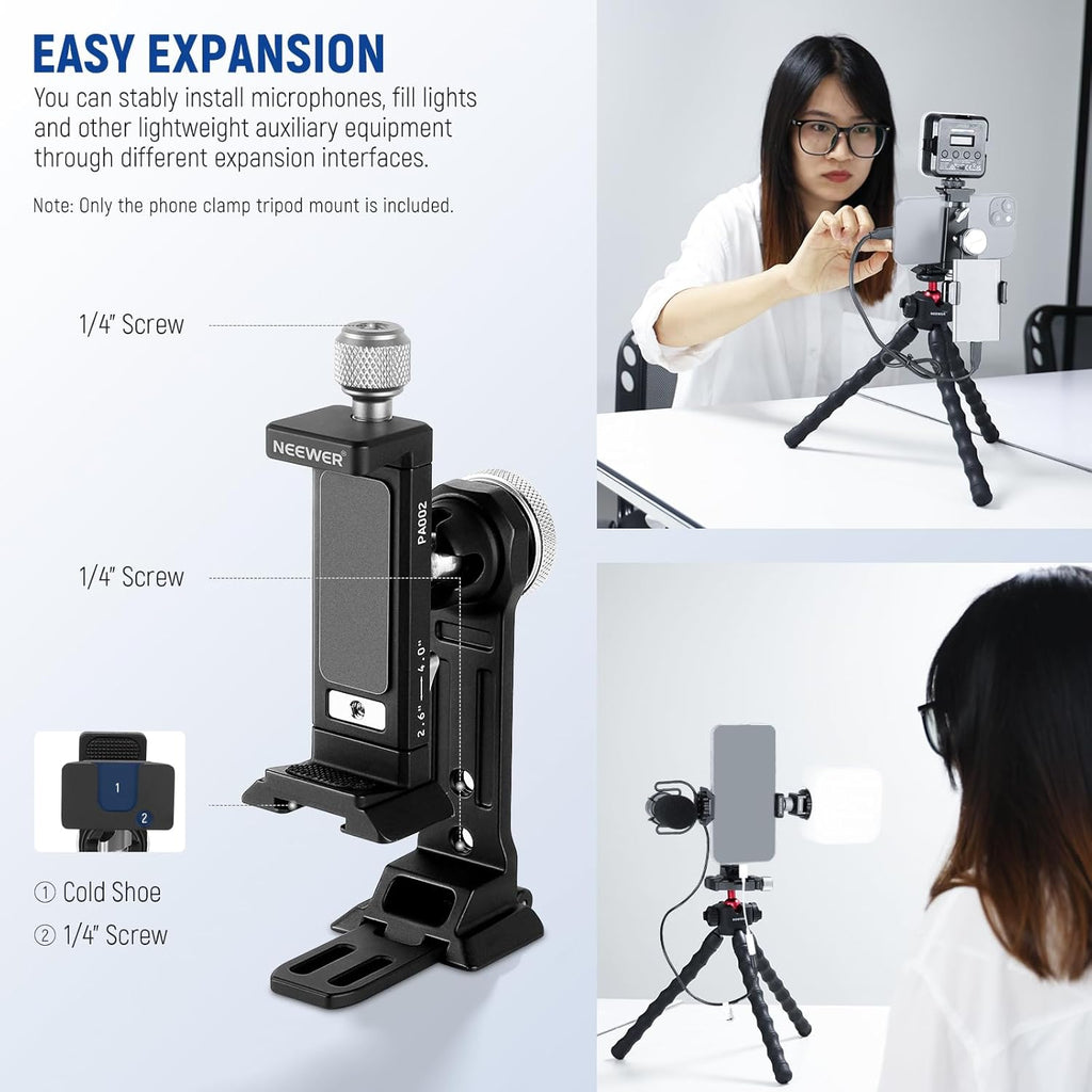 NEEWER Smartphone Tripod Mount Aluminum Alloy, 360° Rotatable Phone Stand Holder Clamp with Cold Shoe and Arca Base Compatible with iPhone 15 Pro Max Galaxy S24 Ultra Pixel & 2.6"-4" Wide Smartphones