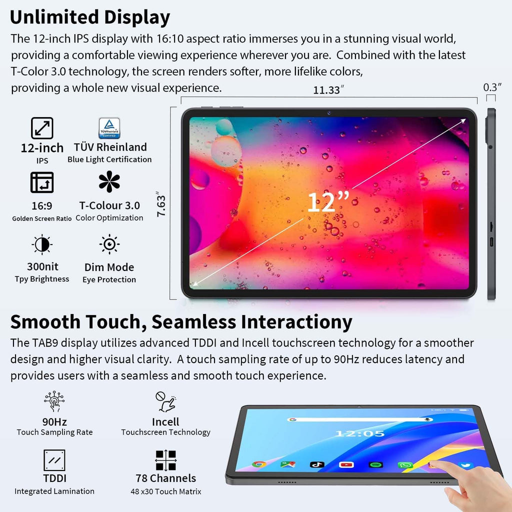12 Inch Tablet Android 15 Tablets, 2025 Upgraded Android Tablet with Keyboard, 24GB RAM+256GB ROM(1TB Expand), Octa-Core, 2K 2000x1200 Display, 16MP Dual Camera, 8000mAh, 2.4G/5G WiFi, GPS (Silver）