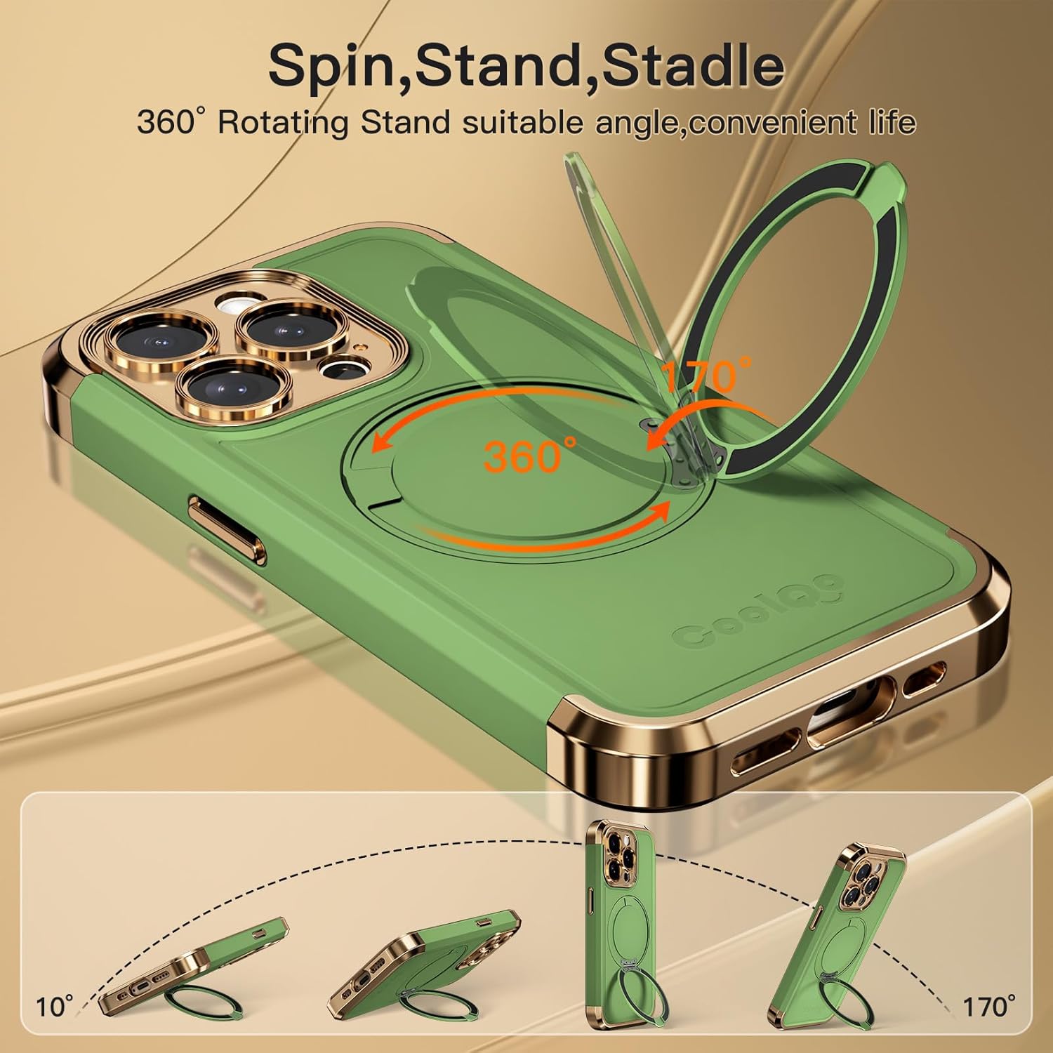 COOLQO for iPhone 15 Pro Max Case 6.7'' Upgraded 360° Spin Magnetic Stand [Compatible with Magsafe][Military Protection] Shockproof Protective Phone Holder Cover for iPhone 15 Pro Max, Matcha Gold