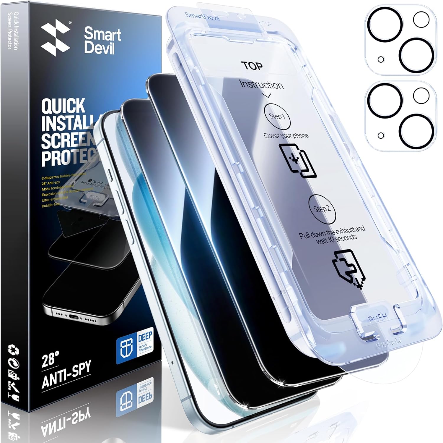 SMARTDEVIL 2+2Pack Privacy Screen Protector for iPhone 15 with Camera Lens Protector,Shatterproof Tempered Glass [True 28°Anti Spy] [9H Hardness] [Automatic Dust-Elimination Install] [Bubble Free]