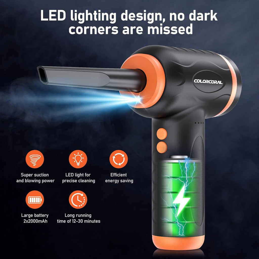 COLORCORAL 12-in-1 Cordless Compressed Air Duster with 2-Speeds 120,000RPM, LED Light, Computer Vacuum Air Duster 2-in-1, Perfect for Deep Cleaning Keyboards, PCs, Cars, and Electronics