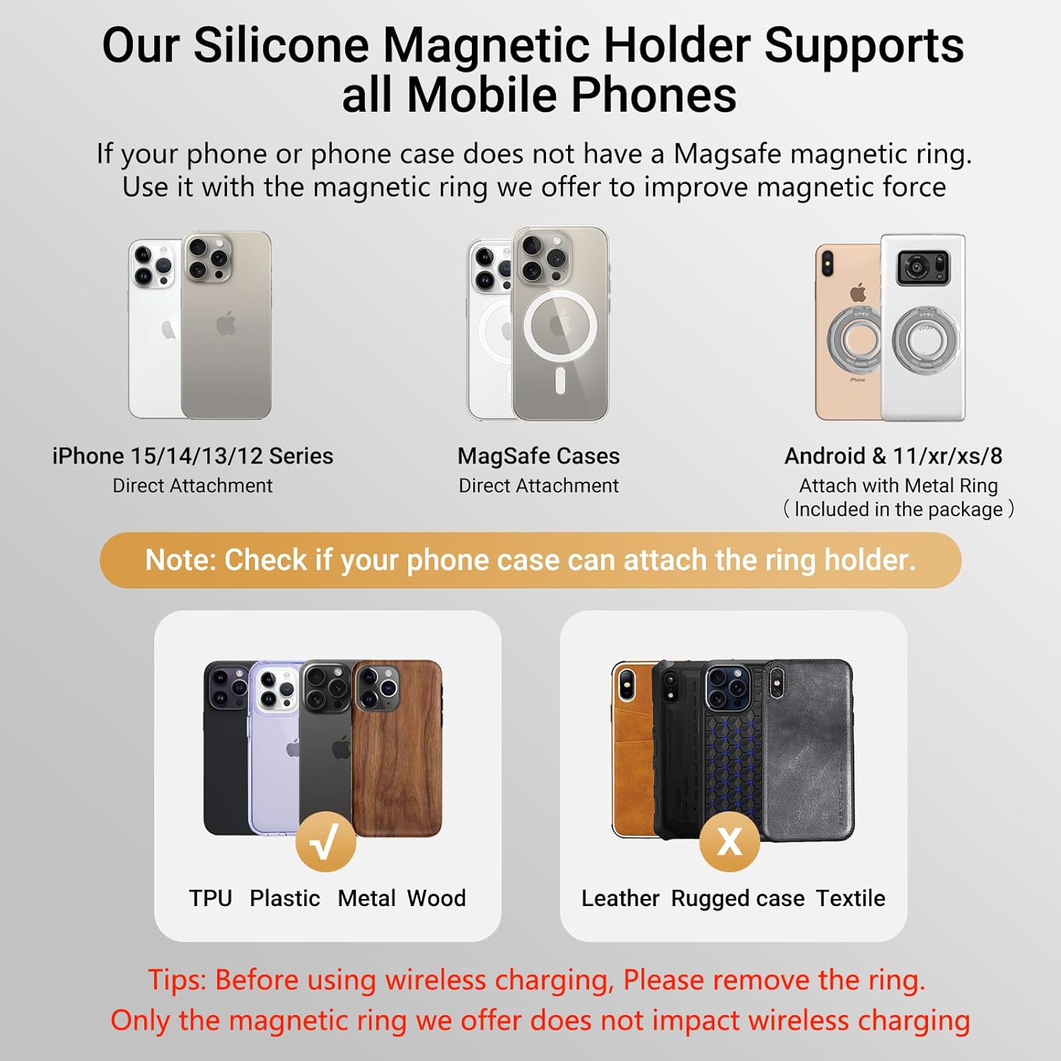 OPSO Magnetic Phone Ring Holder for MagSafe, 360 Degree Rotation Silicone Finger Ring Grip Stand Holder, Adjustable Kickstand, Compatible with iPhone 16 15 14 13 12/Pro/Max, Samsung and All Smartphone