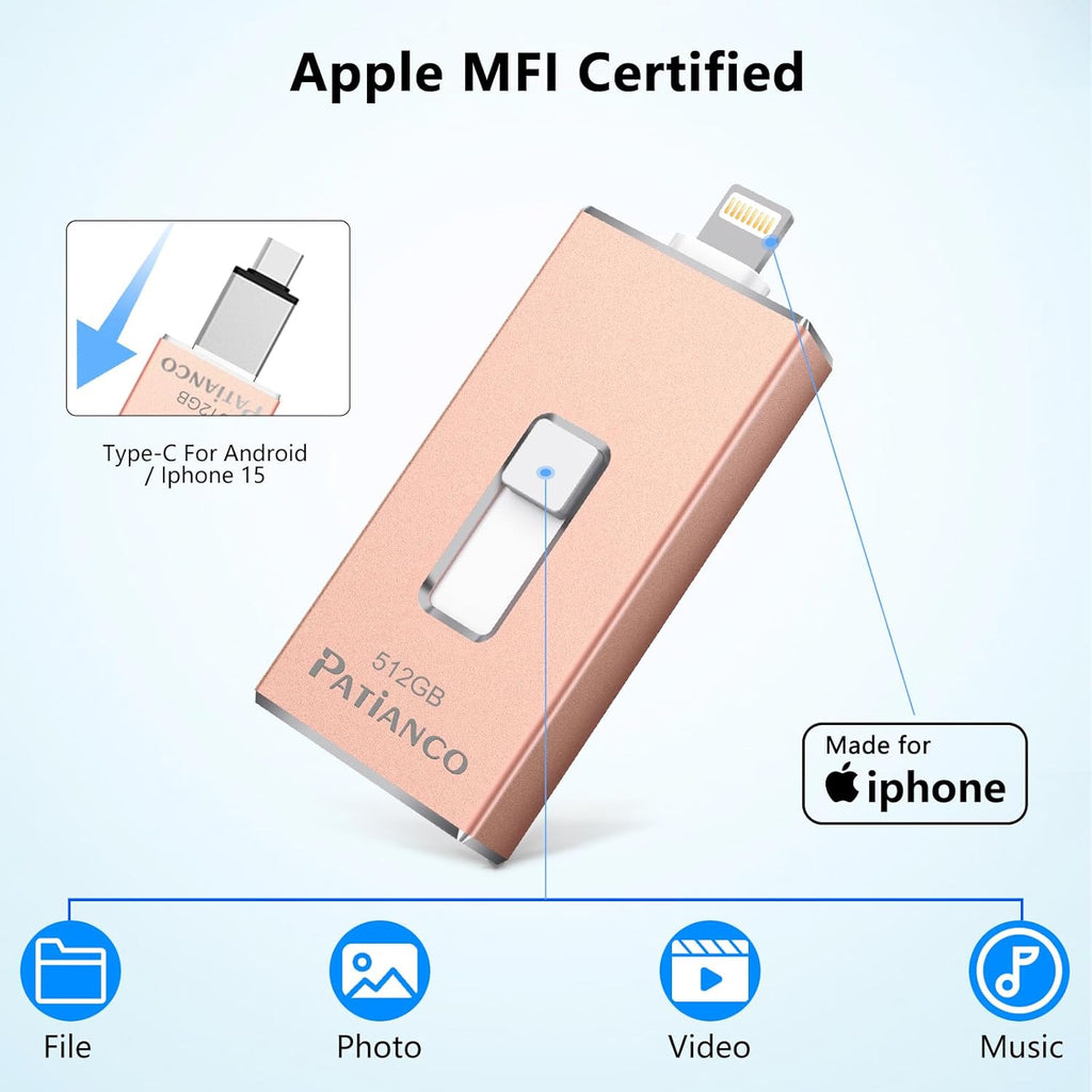 Photo Stick Apple MFi Certified for iPhone 256GB, USB Flash Drive for iPhone Thumb Drive, iPhone-Memory-Stick for iPad/iPhone/Computer Picture Keeper Portable Hard Drive Pink
