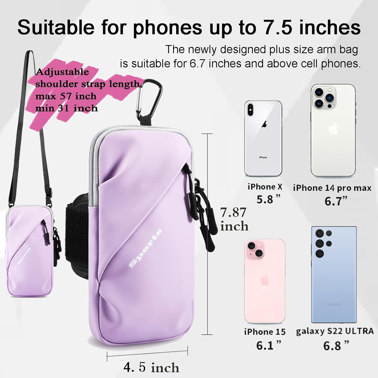 Phone Holder Arm Bands, Small Crossbody Shoulder Holsters Bag with Arm Band, Fits iPhone and All Cell Phones, Use for Running, Walking, Hiking & Biking (Plus Size Purple)