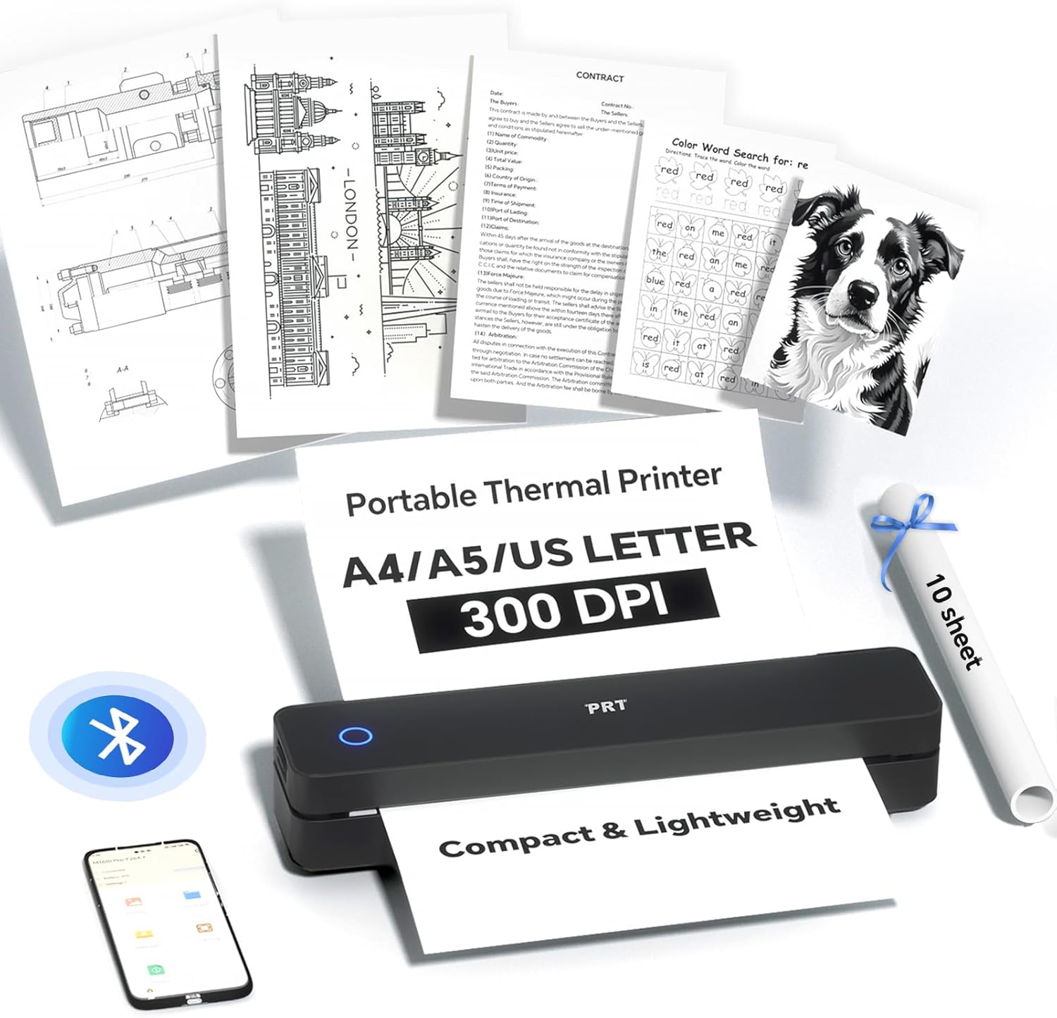 PRT Portable Printer Wireless for Travel, Inkless Bluetooth Compact Mobile Thermal Printer, Supports 8.5" X 11" US Letter, A4 A5, Compatible with iOS, Android, Laptop for Home Use, Office & Vehicles