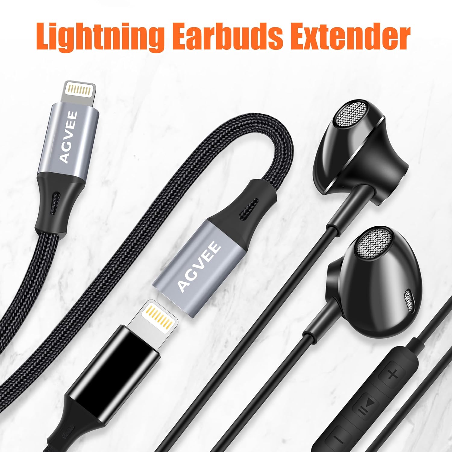 AGVEE 2 Pack 6.6ft Lightning Extension Cable, Braided Female to Male Extender Full Function Cord Compatible with iPhone iPad, Data Sync Video Audio & Charging Connector Adapter, Dark Gray