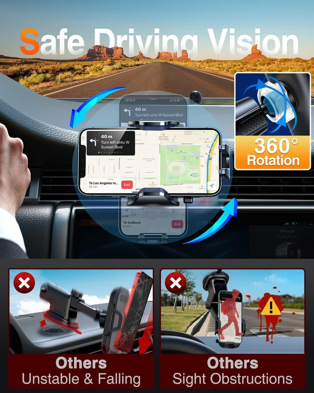 VANMASS Car Phone Holder Mount 2025 Upgraded [Patent Steel-Hook] Car Vent Phone Mount Clip Military-Grade Shockproof Cell Phone Car Mount Handsfree Truck Stand Vent Cradle for iPhone 16 Android,Black