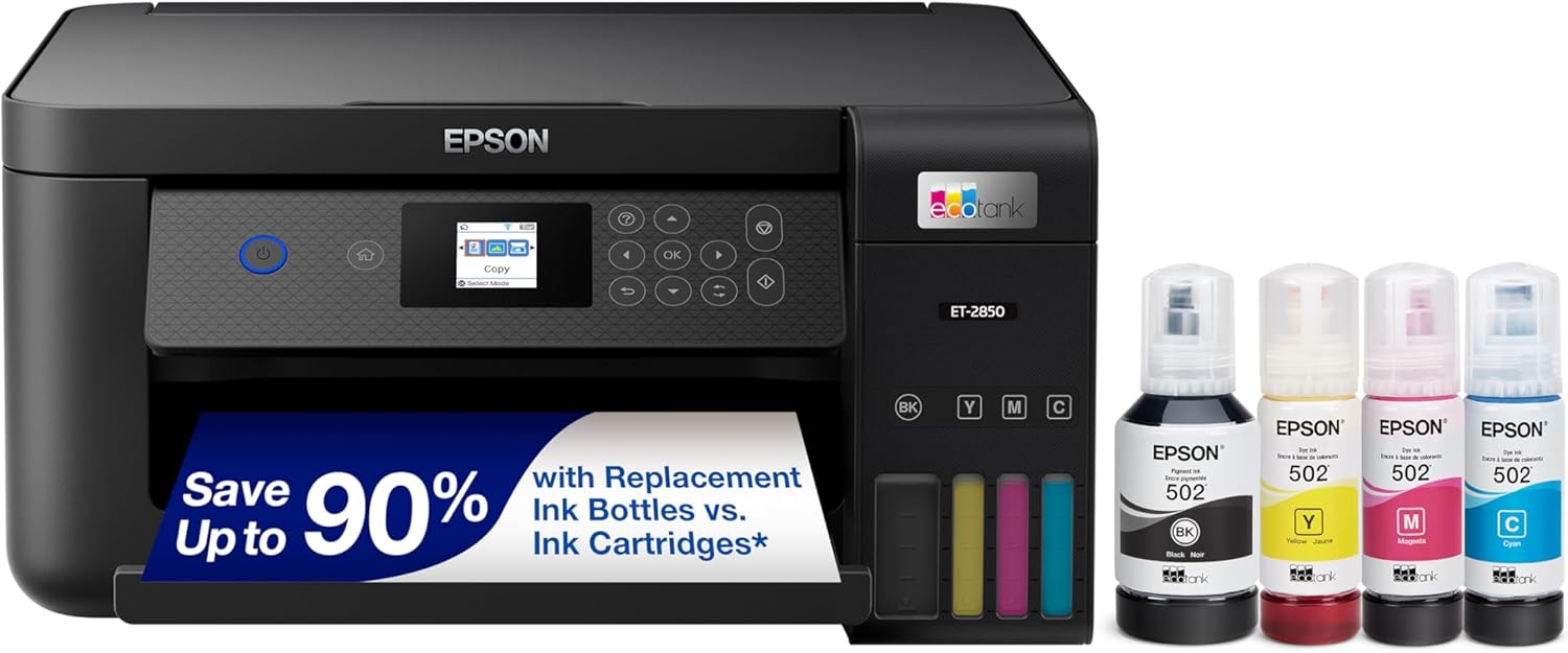 Epson EcoTank ET-4800 Wireless All-in-One Cartridge-Free Supertank Printer with Scanner & EcoTank ET-2850 Wireless Color All-in-One Cartridge-Free Supertank Printer with Scan