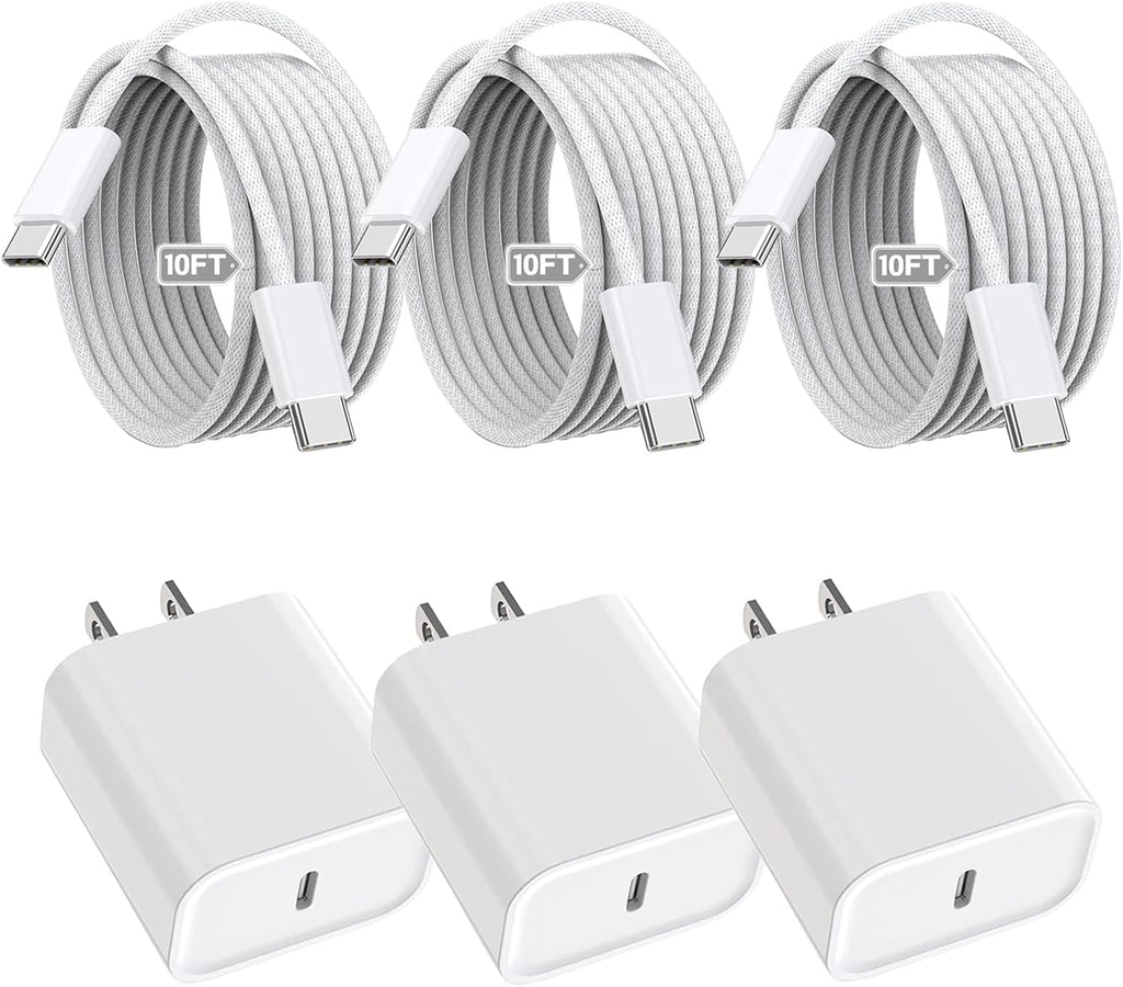 iPhone 16 15 Charger Fast Charging,3Pack 20W Fast Charging USB C Charger with 10Foot Long Type C to C Cable Cord TypeC Block Brick for iPhone 16e/16/16 Pro/16 Plus/16 Pro Max/15 Pro,iPad Air/Pro/Mini