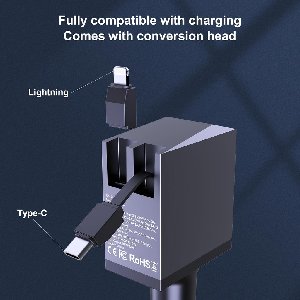 Aftertop 200W Retractable Car Charger, 3-in-1 Independent Fast Charging, 2.3ft 105W Retractable Cable, Power Display USB C Car Charger for MacBook Pro, iPhone 16 15, Galaxy S25 S24 Ultra etc