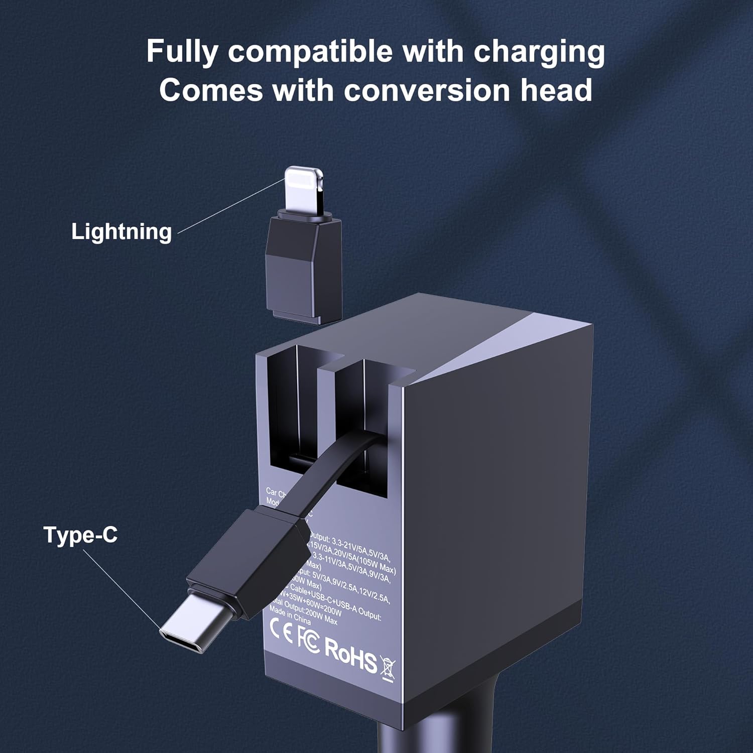 Aftertop 200W Retractable Car Charger, 3-in-1 Independent Fast Charging, 2.3ft 105W Retractable Cable, Power Display USB C Car Charger for MacBook Pro, iPhone 16 15, Galaxy S25 S24 Ultra etc