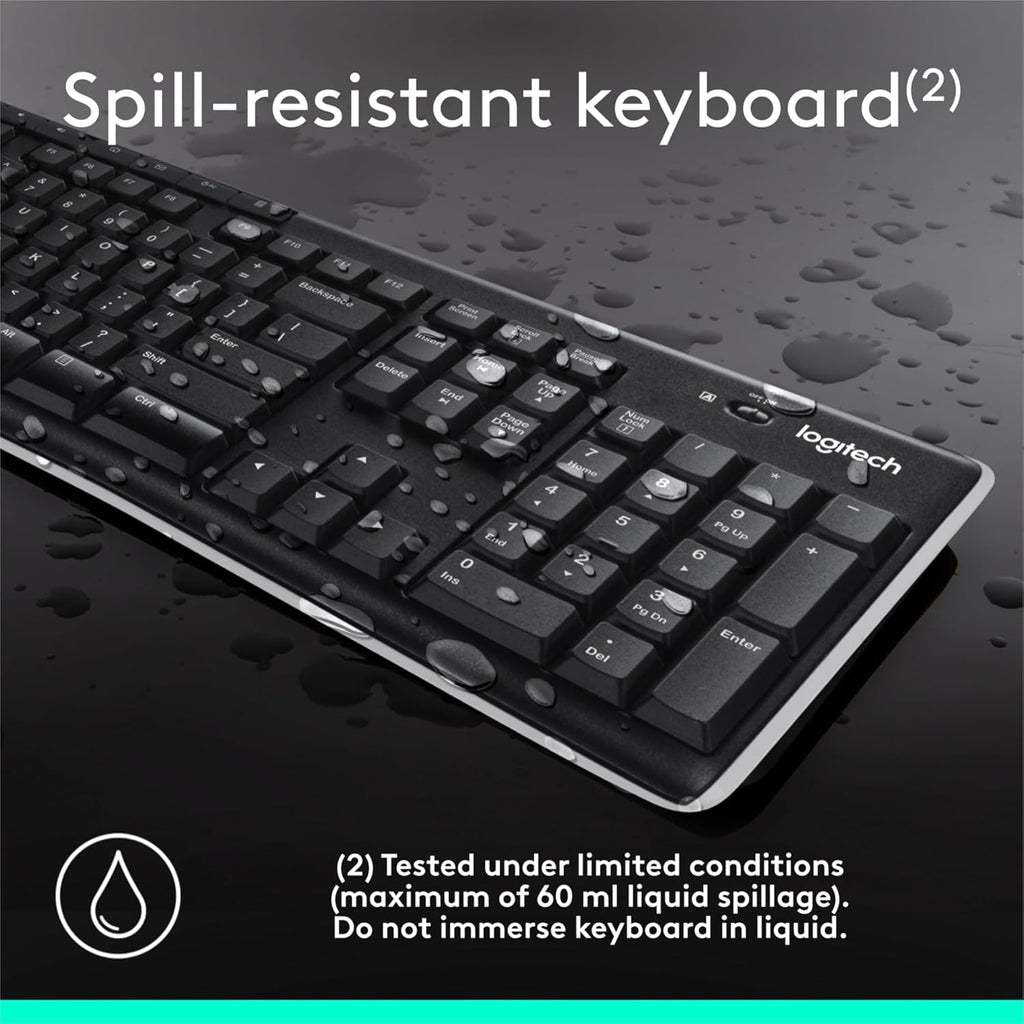 Logitech K270 Wireless Keyboard for Windows, 2.4 GHz Wireless, Full-Size, Number Pad, 8 Multimedia Keys, 2-Year Battery Life, Compatible with PC, Laptop, Black