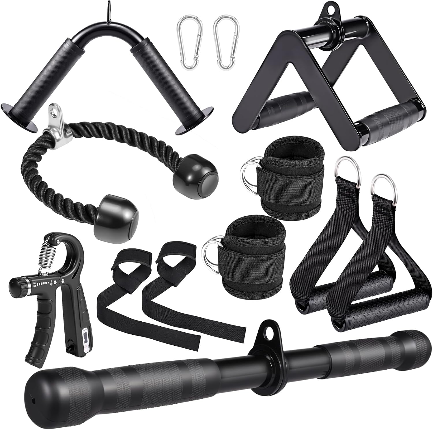 10-in-1 Cable Machine Attachments Set for Gym - Includes Tricep Rope, V-Bar, Straight Bar, D-Handle, Ankle/Wrist Straps, Storage Bag - Compatible with LAT Pulldown & Home Gym Cable Machines