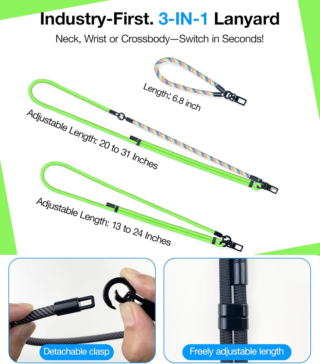 Phone Lanyard Crossbody, 3-in-1 Neck Strap& Wrist Strap, Adjustable Anti-Theft Lanyard with 2 Phone Tether Tabs, Universal Cell Phone Strap for iPhone& Android Case, Travel Essential, Green