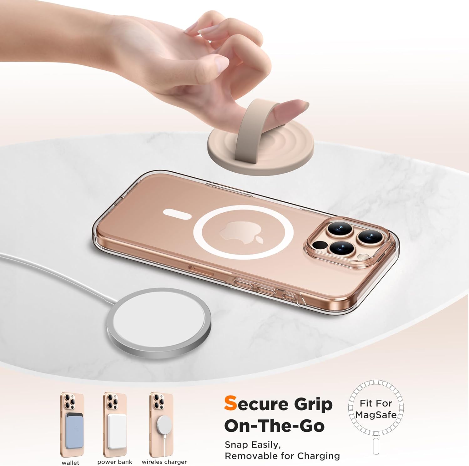 Magnetic Phone Ring Grip Holder, Silicone Finger Loop Grip, Compatible with MasSafe, Back of Phone for iPhone Pro Max/Plus/16/15/15/14/13/12 Series, Oat