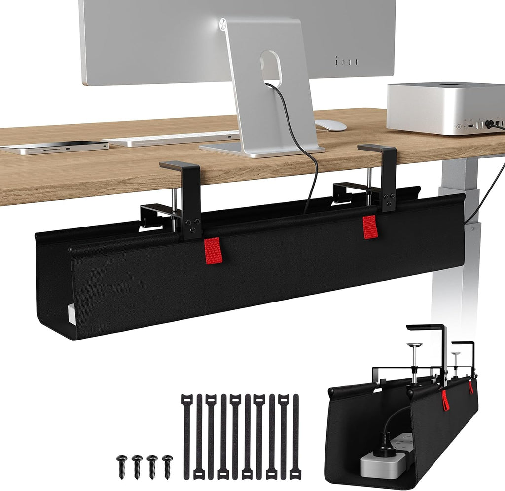 KEEGH No Drill Under Desk Cable Management Tray - 28" Cord Management Under Desk - Clamp/Screw Mount - Support Upto 70lbs - Fabric Wire Management - Gaming/PC Cable Tray Cord Hiders for Office/Home